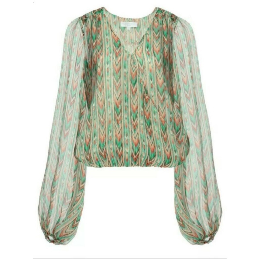 Caroline Constas- Silk Lurex Chevron Printed Balloon Sleeve Top Small